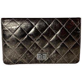 Chanel Quilted Metallic Long Bifold Flap Wallet 20ca527 Pewter Bronze Leather Clutch