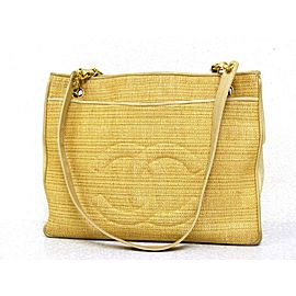 Chanel Raffia Cc Logo Chain Tote 221851 Natural Straw X Leather Shoulder Bag