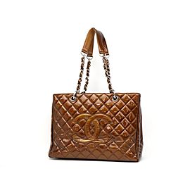 Chanel Shopping Tote Bronze Copper Quilted Chain Grand Gst 231199 Brown Patent Leather Shoulder Bag