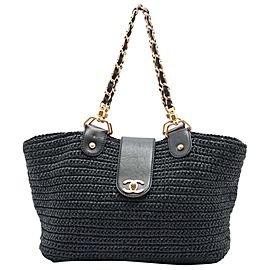 Chanel Navy Blue Raffia Straw CC Turnlock Chain Tote Bag 888cas413