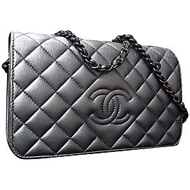 Chanel Dark Silver Quilted Leather Wallet on Chain Crossbody Flap 2CA1019