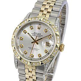 Silver Mens Datejust Diamond Dial Lugs 14k Gold Diamond Bezel Watch