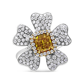 18K White and Yellow Gold 2.25 Cttw Yellow Radiant Lab Grown Center Diamond Flower and Leaf Cluster Ring (Yellow/G-H Color, VS1-VS2 Clarity) - Size 6.5