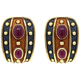 18 Karat Gold Enamel Earclip Set with 4 Cabochon Rubies