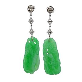 Carved Jade Diamond Platinum Drop Earrings