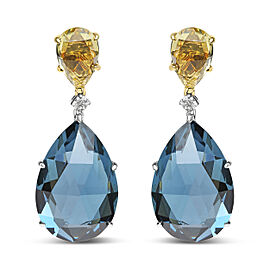 18K White and Yellow Gold 1/5 Cttw Diamond with Pear Cut Lemon Quartz and Pear Cut London Blue Topaz Gemstone Dangle Earring (G-H Color, SI1-SI2 Clarity)