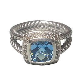 David Yurman Petite Albion Sterling Silver Blue Topaz & Diamonds Ring Size 7