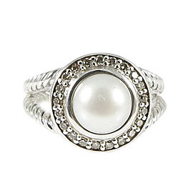 David Yurman Sterling Silver 0.20ct Diamond & Pearl Petite Cerise Ring Size 6