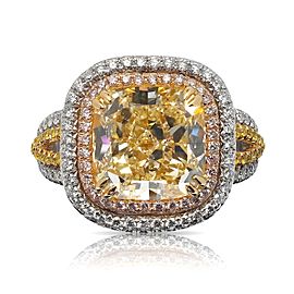 8 CARAT CUSHION CUT NATURAL FANCY LIGHT YELLOW DIAMOND ENGAGEMENT RING PLATINUM PINK HALO CERTIFIED 6 CT FLY VS2 BY MIKE NEKTA