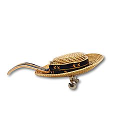 18 Karat Yellow Gold and Blue Enamel Straw Hat Brooch