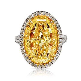 13 CARAT OVAL CUT CLARITY ENHANCED FANCY INTENSE YELLOW DIAMOND ENGAGEMENT RING PLATINUM & 18K GOLD GIA CERTIFIED 12 CT FIY BY MIKE NEKTA