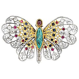 Mario Buccellati Turquoise Ruby, Sapphire and Diamond Butterfly PinMario Buccellati Turquoise Ruby, Sapphire and Diamond Butterfly Pin