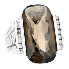 David Yurman E Deco Long Smokey Quartz SS Diamond Accent Ring