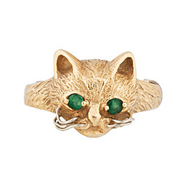 14K Yellow Gold and Emeralds Cat Ring Size 4.5