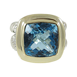 David Yurman 18K Yellow Gold Sterling Silver and Blue Topaz Albion Split Shank Ring Size 8