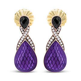 18K Rose Gold Flash Plated .925 Sterling Silver Purple Enamel 1/5 Cttw Round Pave-Set Diamond and 5.5 x 4mm Pear-Shaped Black Onyx Drop Earrings (F-G Color, VS1-VS2 Clarity)