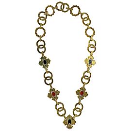 18 Karat Yellow Gold Link Onyx Coral Diamond Necklace