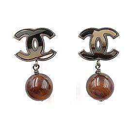 Chanel CC Silver Tone Petrified Wood Bead Piercing Earrings