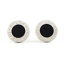 BVLGARI 18K white Gold Logo Circle Round Onyx Earrings LXWBJ-796