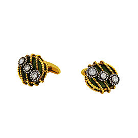 David Webb Yellow Gold Green Enamel &Diamond Cufflinks