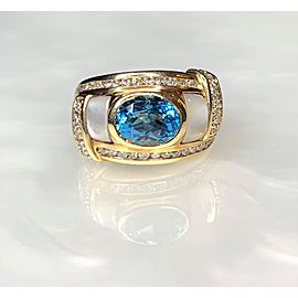 14K Yellow Gold Oval Cut Blue Topaz Mother of Pearl Diamond Ring