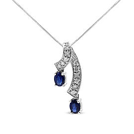 14K White Gold 5x4 MM Oval Shaped Natural Blue Sapphire and Diamond Accent Double Drop Ribbon 18" Pendant Necklace (J-K Color, SI2-I1 Clarity)