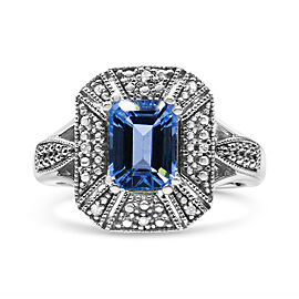 .925 Sterling Silver Diamond Accent and 8X6 mm Emerald-Shape Blue Topaz Ring (I-J Color, I2-I3 Clarity) - Ring Size 7