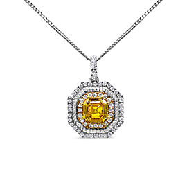 18K White and Yellow Gold 2 1/4 Cttw Lab Grown Yellow Asscher Cut Diamond Art Deco Style Halo 18" Pendant Necklace (Yellow/G-H Color, VS1-VS2 Clarity)