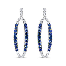 18K White Gold 1.11 Cttw Blue Round Diamond and Blue Sapphire Openwork Oval Shaped Dangle Earrings (F-G Color, VS1-VS2 Clarity)