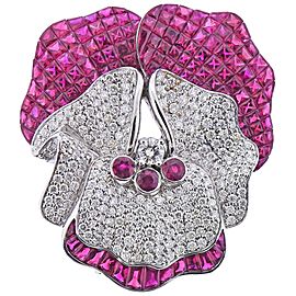 Invisible Set Ruby Diamond White Gold Orchid Flower Brooch