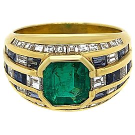 18 Karat Yellow Gold Diamond Emerald and Sapphire Ring