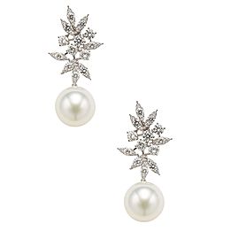 14K White Gold Diamond & White South Sea Cultured Pearl Earrings