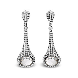 Black Rhodium Plated 18K White Gold 1 3/8 Cttw Round Pave Diamonds and 8x6mm Oval White Quartz Gemstone Sculptural Drop and Dangle Earrings (G-H Color, SI1-SI2 Clarity)