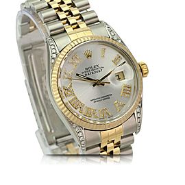 Silver Roman Mens Datejust Diamond Dial Diamond Lugs 36mm Watch