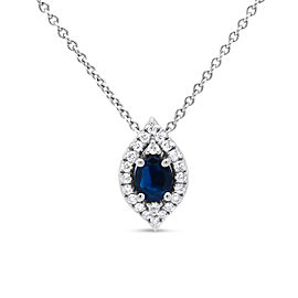 18K White Gold 1/7 Cttw Round Diamond and 5x4mm Oval Blue Sapphire Marquise-Shaped Halo Leaf 18" Pendant Necklace (G-H Color, SI1-SI2 Clarity)