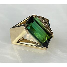 14K Yellow Gold Emerald Cut Green Tourmaline Diamond Ring