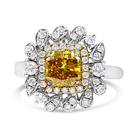 18K White and Yellow Gold 1.76 Cttw Yellow Radiant Lab Grown Center Diamond Double Halo Cocktail Ring (Yellow/G-H Color, VS1-VS2 Clarity) - Size 6