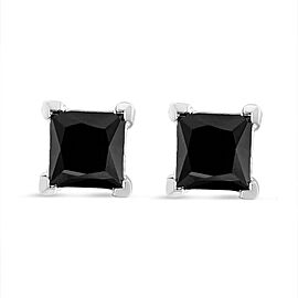 .925 Sterling Silver 1/2 Cttw Princess Cut Treated Black Diamond Screw-Back 4-Prong Classic Stud Earrings (Color-Enhanced, I2-I3 Clarity)