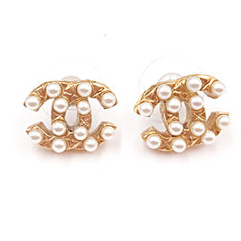 Chanel CC Gold Tone & Simulated Glass Pearl Piercing Earrings