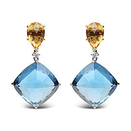 18K White and Yellow Gold 1/6 Cttw Diamond with Pear Cut Yellow Citrine and 20mm Cushion Cut Blue Topaz Gemstone Dangle Earrings (G-H Color, SI1-SI2 Clarity)