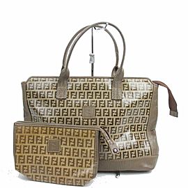 Fendi 872185 Ff Zucca Monogram Tote with Pouch Browns Coated Canvas Satchel