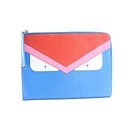 Fendi "Bag Bugs" Flat 7fr0508 Blue Saffiano Leather Clutch