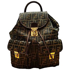 Fendi Ff Monogram Zucca Twin Pocket Classic 239751 Dark Brown _ Gold Canvas Leather Backpack