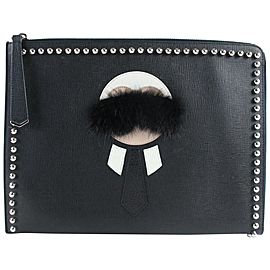 Fendi Clutch Saffiano Karlito Flat 13fz0810 Black Leather Wristlet