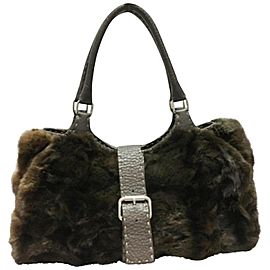 Fendi Selleria Leather 239773 Brown Rabbit Fur Shoulder Bag