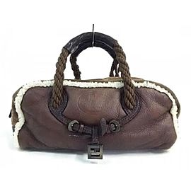 Fendi Shearling Boston with Rope Handle 239758 Brown Sheepskin Leather Satchel