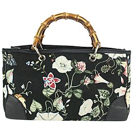 Gucci Black Flora Bamboo Hand Tote Floral Flower 830gk29