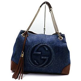 Gucci Soho 872266 Dark Navy Chain Tote Fringe Tassel Blue Denim Shoulder Bag