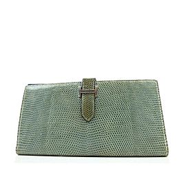 Hermès Blue-green Constance Lizard Bearn Gusset Long Bifold Flap H Logo 239718 Wallet