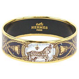 Hermès Navy Blue x Gold Horse Motif Cloisonne Bangle Bracelet Cuff 105h21